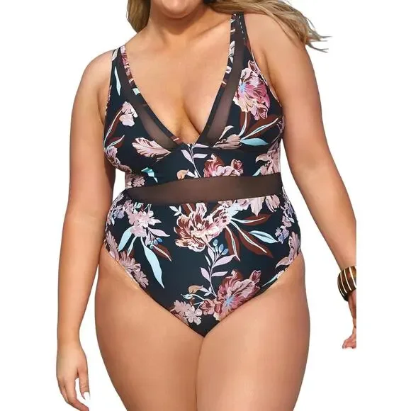 NWT Cupshe Womens Plus Size V Neck Mesh Sheer One Piece Swimsuit Black Size 2X - Picture 1 of 7